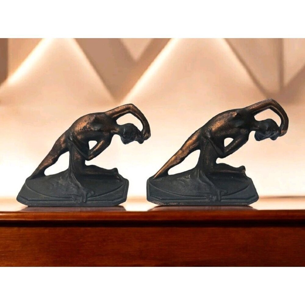 Antique 1930 Dancing Nude Female Cast Iron Book End Art Deco Art Nouveau Design